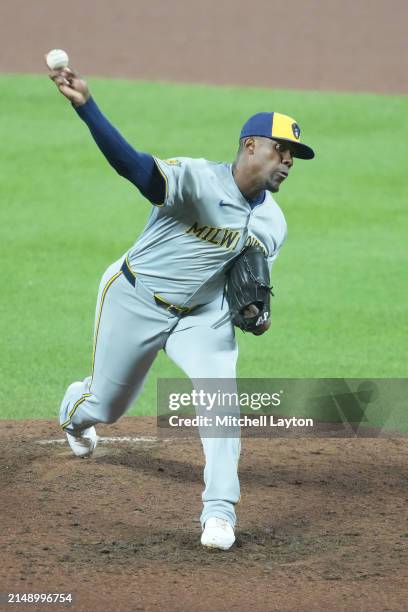 Thyago Vieira of the Milwaukee Brewers pitches during a baseball game against the Baltimore Orioles at Oriole Park at Camden Yards on April 12, 2024...