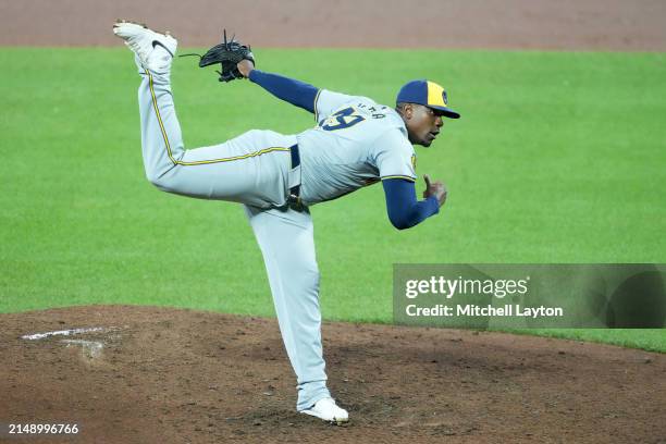 Thyago Vieira of the Milwaukee Brewers pitches during a baseball game against the Baltimore Orioles at Oriole Park at Camden Yards on April 12, 2024...