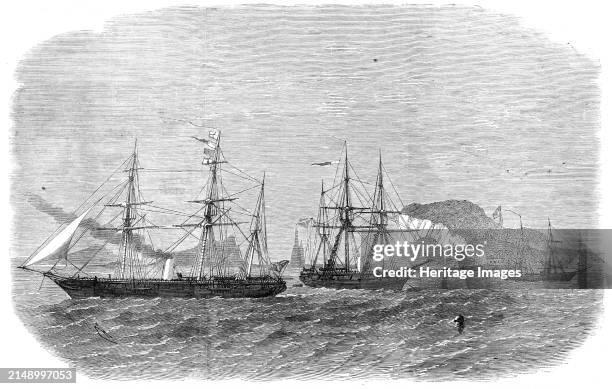 Pekin, one of the European-Chinese Squadron, leaving Chefoo, Shantung, 1864. 'Chefoo Bluff; Green Island, Stick-up Rock; The China; Island of...