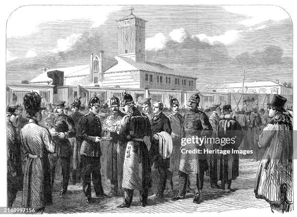 Prussian troops leaving Altona for Schleswig - the officers taking a hasty meal at the railway station, from a sketch by our special artist, 1864....