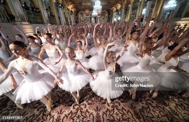 Students from the Youth America Grand Prix break the Guinness World Record for Most Ballerinas En Pointe Simultaneously at The Plaza Hotel on April...