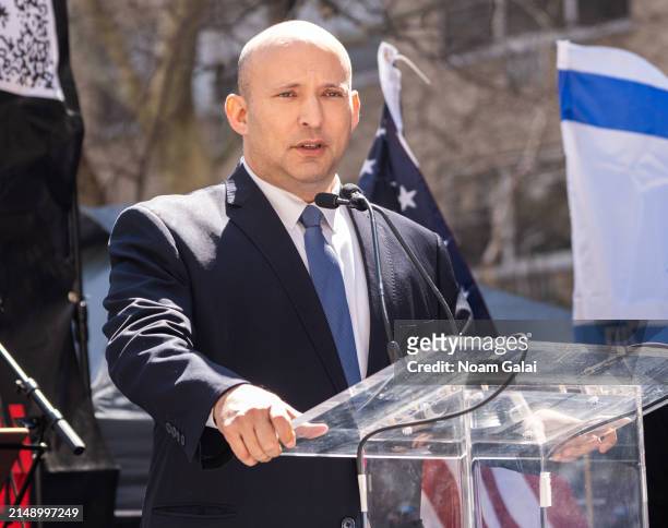 Former Prime Minister of Israel Naftali Bennett speaks at the "Bring Them Home" rally in support of Israeli hostages outside the UN Headquarters on...