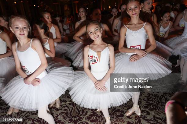 Students from the Youth America Grand Prix break the Guinness World Record for Most Ballerinas En Pointe Simultaneously at The Plaza Hotel on April...