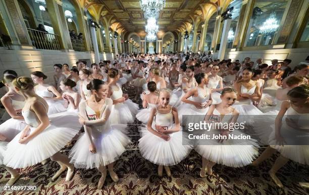 Students from the Youth America Grand Prix break the Guinness World Record for Most Ballerinas En Pointe Simultaneously at The Plaza Hotel on April...