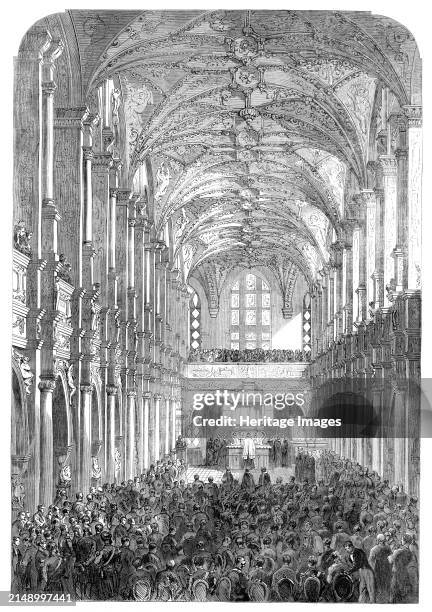 Reopening of the Chapel in the Royal Palace of Frederiksborg, Denmark, 1864. Engraving from a sketch by M. Simon Simonsen, showing '...the moment...