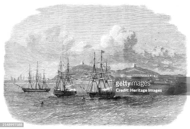 Embarkation at Cape Coast Castle of the troops recalled from the Ashantee War, 1864. Engraving from a sketch by Dr. Eames of H.M.S. Gladiator,...