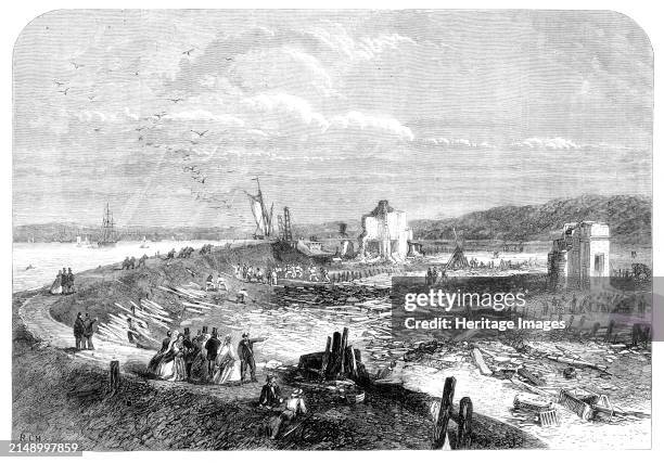 Scene of the explosion of gunpowder magazines near Erith, 1864. '...a general view, taken from the embankment looking down the river,...[after] the...