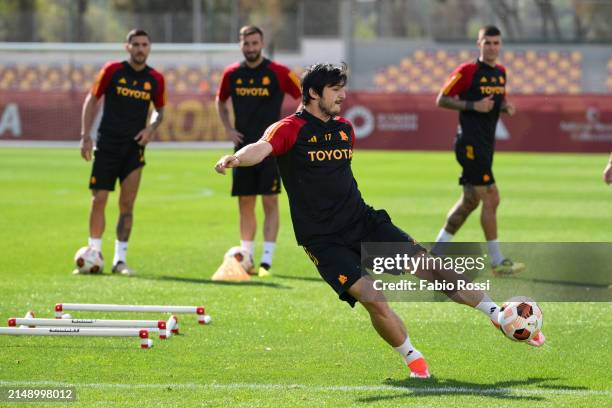 Roma player Sardar Azmoun during the UEFA Europa League 2023/24 quarter-final second leg training session at Centro Sportivo Fulvio Bernardini on...