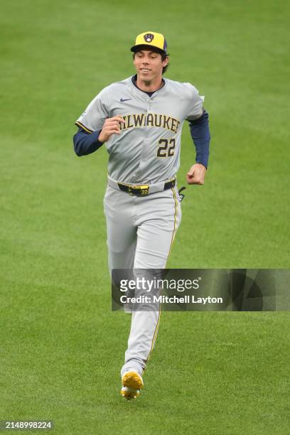 Christian Yelich of the Milwaukee Brewers warms up before a baseball game against the Baltimore Orioles at Oriole Park at Camden Yards on April 12,...
