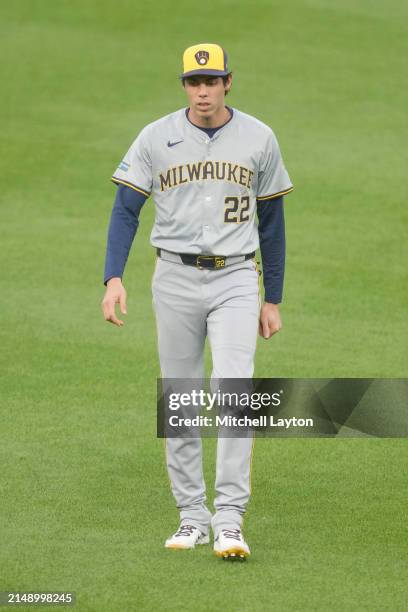 Christian Yelich of the Milwaukee Brewers looks on before a baseball game against the Baltimore Orioles at Oriole Park at Camden Yards on April 12,...