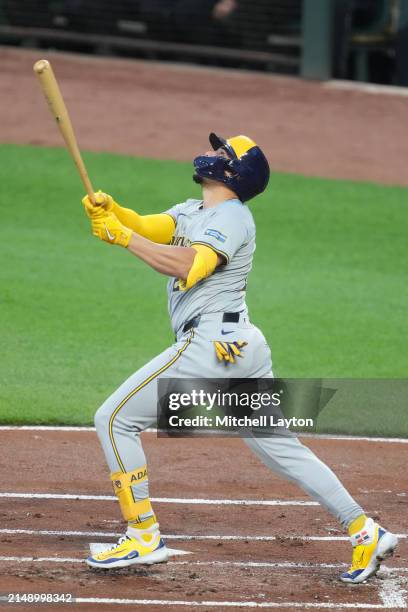 Christian Yelich of the Milwaukee Brewers takes a swing during a baseball game against the Baltimore Orioles at Oriole Park at Camden Yards on April...