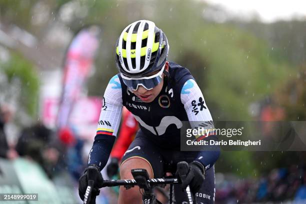 Paula Patino of Colombia and Movistar Team crosses the finish line during the 27th La Fleche Wallonne Feminine 2024 a 146km one day race from Huy to...