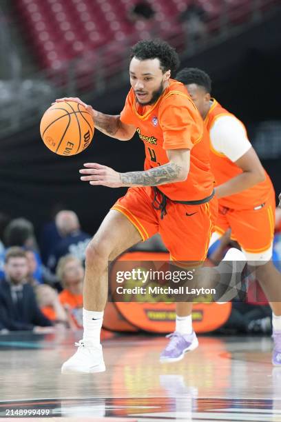 Jaelen House the west squad dribbles up court during the Reeses College All-Star Game at the Final Four for the NCAA Men's Basketball Tournament at...