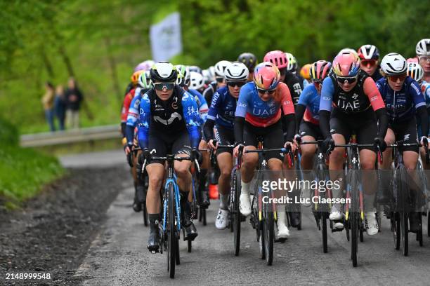Olivia Baril of Canada and Movistar Team, Alena Amialiusik of Belarus and UAE Team ADQ, Mikayla Harvey of New Zealand and UAE Team ADQ compete during...