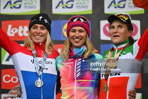 Demi Vollering of The Netherlands and Team SD Worx - Protime on second place, race winner Katarzyna Niewiadoma of Poland and Team Canyon//SRAM Racing...