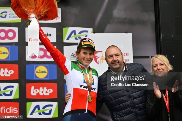 Elisa Longo Borghini of Italy and Team Lidl - Trek on third place poses on the podium ceremony after the 27th La Fleche Wallonne Feminine 2024 a...