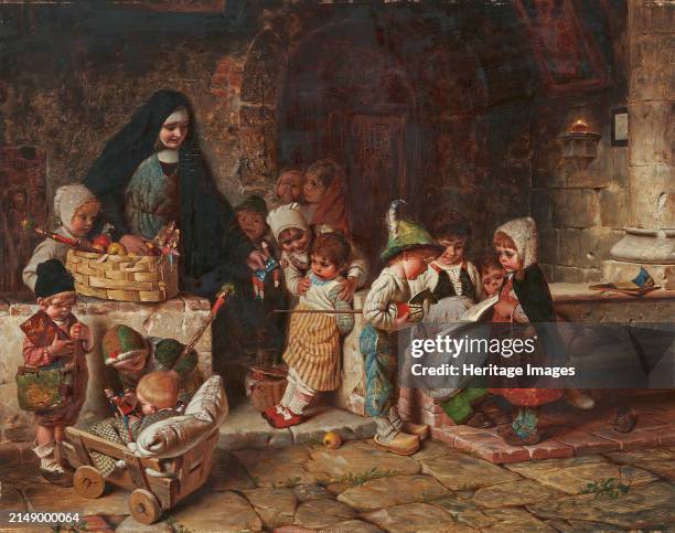 In the orphanage. Young nun distributes toy figures and apples to the children. Private Collection. Creator: Kaulbach, Hermann von .