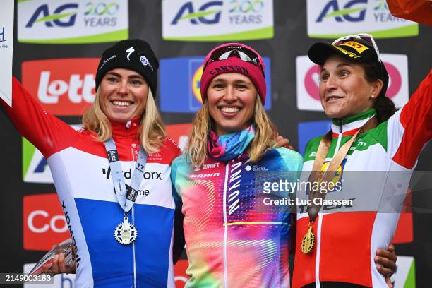 Demi Vollering of The Netherlands and Team SD Worx - Protime on second place, race winner Katarzyna Niewiadoma of Poland and Team Canyon//SRAM Racing...