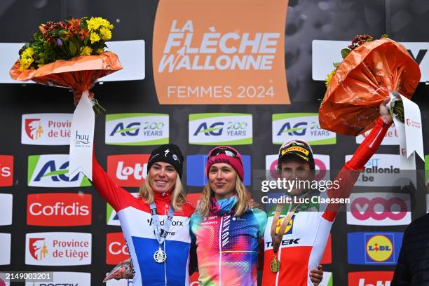 Demi Vollering of The Netherlands and Team SD Worx - Protime on second place, race winner Katarzyna Niewiadoma of Poland and Team Canyon//SRAM Racing...