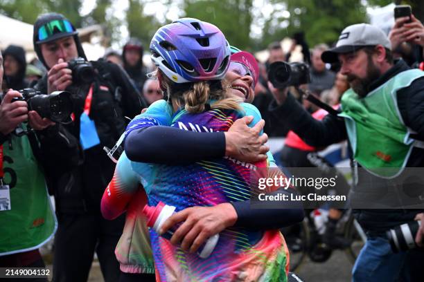 Race winner Katarzyna Niewiadoma of Poland and Elise Chabbey of Switzerland and Team Canyon//SRAM Racing react after 27th La Fleche Wallonne Feminine...