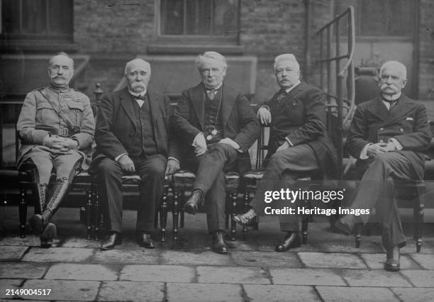 Foch, Clemenceau, Lloyd George, Orlando, Sonnino, between circa 1915 and circa 1920. Shows French General Ferdinand Foch , French Prime Minister...