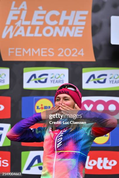 Katarzyna Niewiadoma of Poland and Team Canyon//SRAM Racing celebrates at podium as race winner during the 27th La Fleche Wallonne Feminine 2024 a...