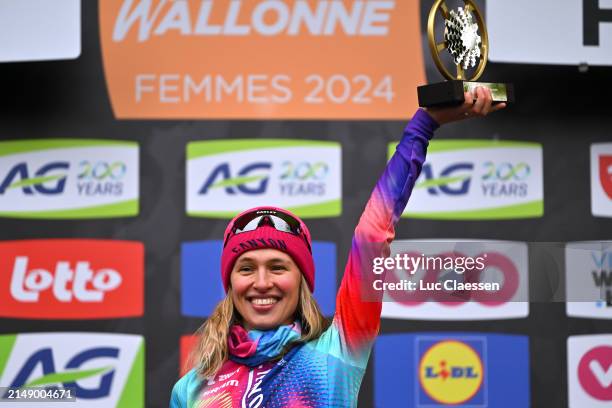 Katarzyna Niewiadoma of Poland and Team Canyon//SRAM Racing celebrates at podium as race winner during the 27th La Fleche Wallonne Feminine 2024 a...