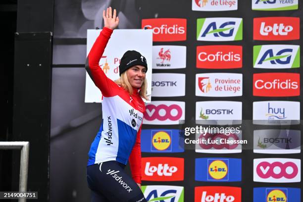 Demi Vollering of The Netherlands and Team SD Worx - Protime on second place poses on the podium ceremony after the 27th La Fleche Wallonne Feminine...