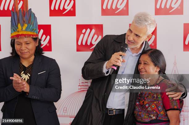 Rember Yahuarcani, Adriano Pedrosa and Paula Nicho attend the illy Art Collection Presentation During Art Biennale 2024 on April 17, 2024 in Venice,...