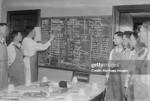 Recipes, Naval cooking school, 59th St. N.Y., between circa 1915 and 1918. Students looking at a blackboard on which are written recipes for rye...