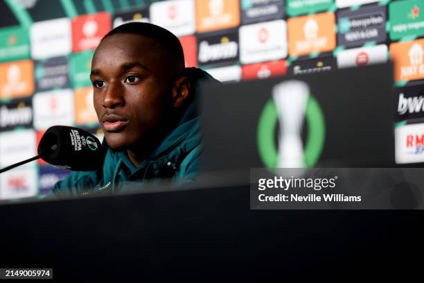 Moussa Diaby of Aston Villa talks to the press during the Aston Villa press conference ahead of their UEFA Europa Conference League 2023/24 match...