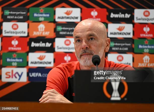 Head coach AC Milan Stefano Pioli speaks with the media during a press conference before the UEFA Europa League 2023/24 quarter-final second leg...