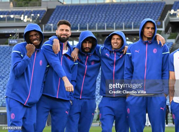 Rafael Leao, Olivier Giroud, Yacine Adli, Tijjani Reijnders and Malick Thiaw look on during a pitch inspection before the UEFA Europa League 2023/24...