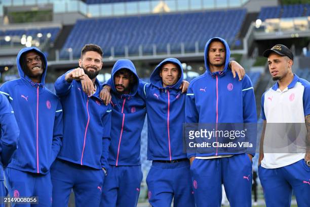 Rafael Leao, Olivier Giroud, Yacine Adli, Tijjani Reijnders, Malick Thiaw and Noah Okafor look on during a pitch inspection before the UEFA Europa...