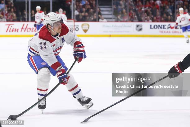Brendan Gallagher of the Montreal Canadiens skates against the Ottawa Senators at Canadian Tire Centre on April 13, 2024 in Ottawa, Ontario, Canada.