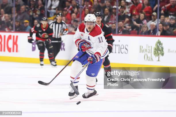 Brendan Gallagher of the Montreal Canadiens skates against the Ottawa Senators at Canadian Tire Centre on April 13, 2024 in Ottawa, Ontario, Canada.