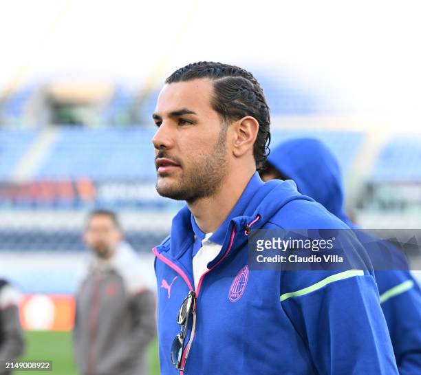 Theo Hernadez of AC Milan looks on during a pitch inspection before the UEFA Europa League 2023/24 quarter-final second leg training and press...