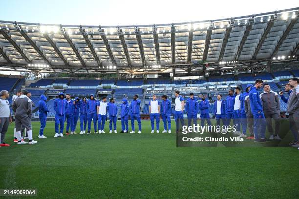 Players of AC Milan look on during a pitch inspection before the UEFA Europa League 2023/24 quarter-final second leg training and press conference at...