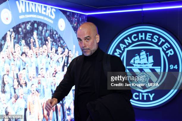 Pep Guardiola, Manager of Manchester City, arrives at the stadium prior to the UEFA Champions League quarter-final second leg match between...