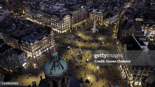 amsterdam city center national monument, royal palace amsterdam, dam square in amsterdam at christmas time at sunset, aerial view of dam square and royal palace in amsterdam - dam square stock pictures, royalty-free photos & images