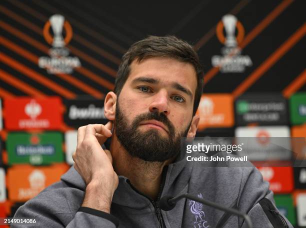 Alisson Becker of Liverpool during the UEFA Europa League 2023/24 quarter-final second leg training and press conference at on April 17, 2024 in...