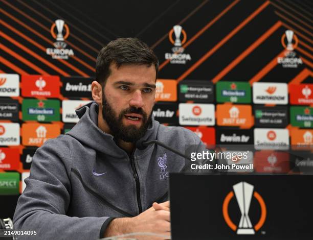 Alisson Becker of Liverpool during the UEFA Europa League 2023/24 quarter-final second leg training and press conference at on April 17, 2024 in...