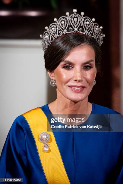 Queen Letizia of Spain attends the official state banquet on April 17, 2024 in Amsterdam, Netherlands. The Spanish King and Queen are in The...