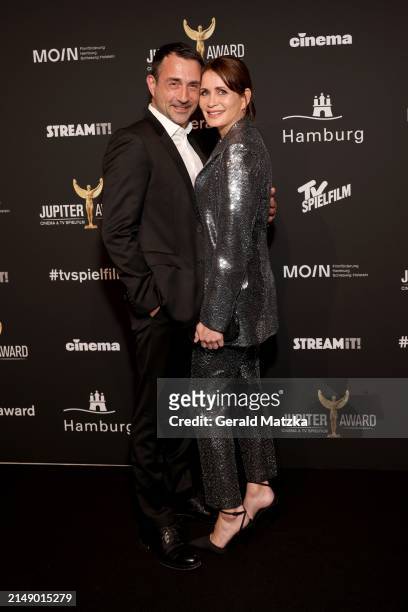 Anja Kling and guest attend the Jupiter Awards at Altonaer Kaispeicher on April 17, 2024 in Hamburg, Germany.