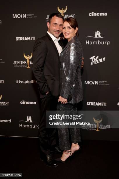 Anja Kling and guest attend the Jupiter Awards at Altonaer Kaispeicher on April 17, 2024 in Hamburg, Germany.