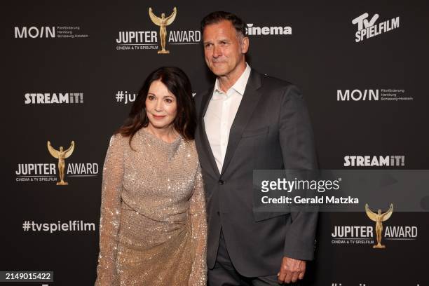 Iris Berben and guest attend the Jupiter Awards at Altonaer Kaispeicher on April 17, 2024 in Hamburg, Germany.