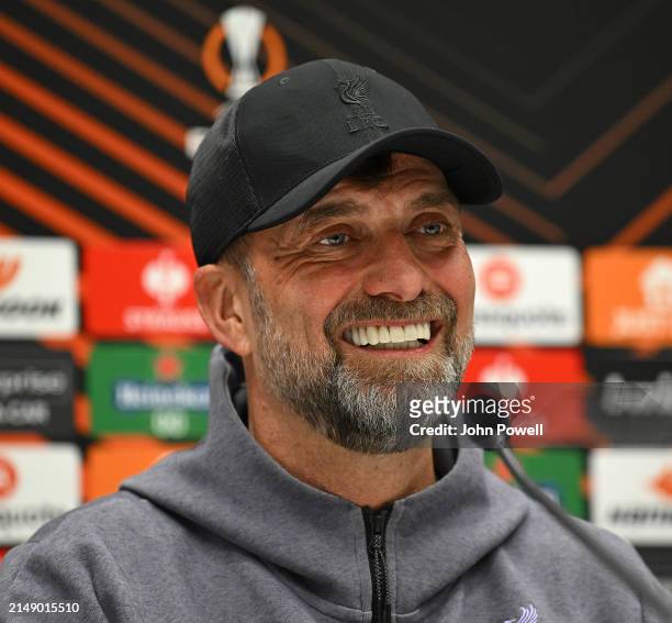 Jurgen Klopp manager of Liverpool during the UEFA Europa League 2023/24 quarter-final second leg training and press conference at on April 17, 2024...
