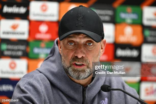 Jurgen Klopp, Manager of Liverpool FC talks to the media during the UEFA Europa League 2023/24 quarter-final second leg press conference at Gewiss...