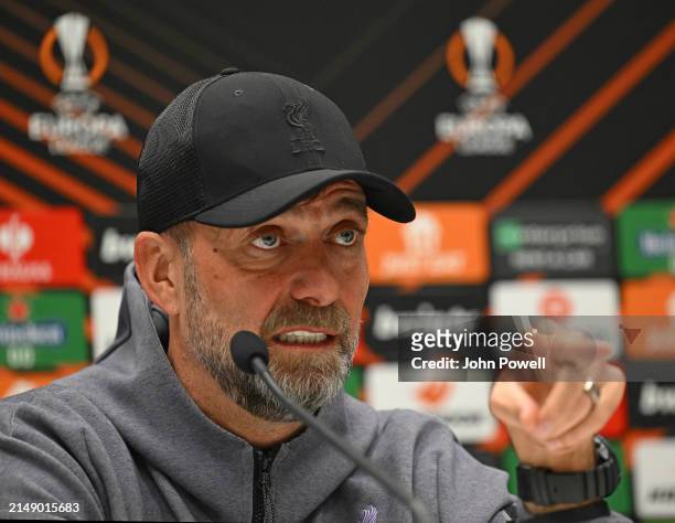 Jurgen Klopp manager of Liverpool during the UEFA Europa League 2023/24 quarter-final second leg training and press conference at on April 17, 2024...