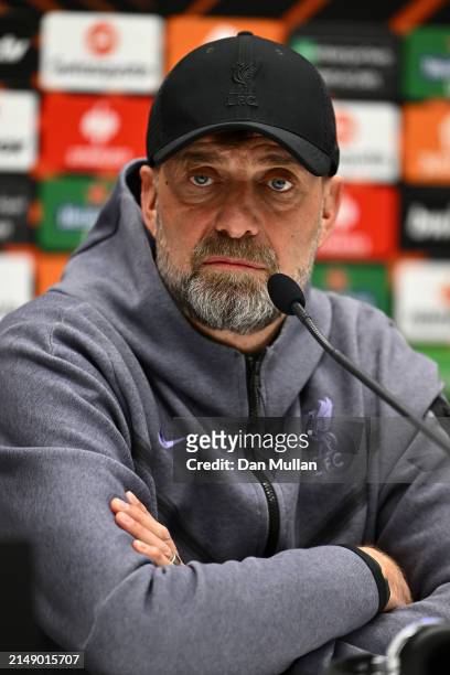 Jurgen Klopp, Manager of Liverpool FC talks to the media during the UEFA Europa League 2023/24 quarter-final second leg press conference at Gewiss...
